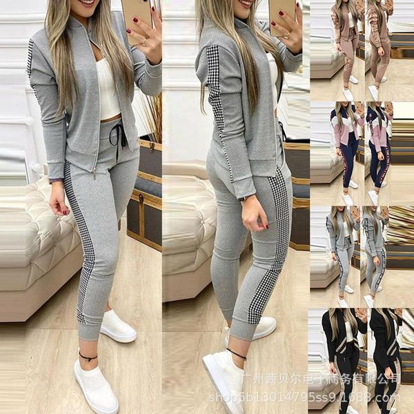 

women's two piece pants women suit casual commuter diamond stitching plaid print stand-up collar zipper long-sleeved shirt slim-fit lac, White