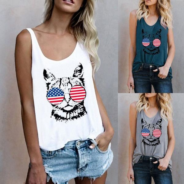 

women's tanks & camis cat american flag women harajuku print printed vest sleeveless 2021 fashion tank plus size, White