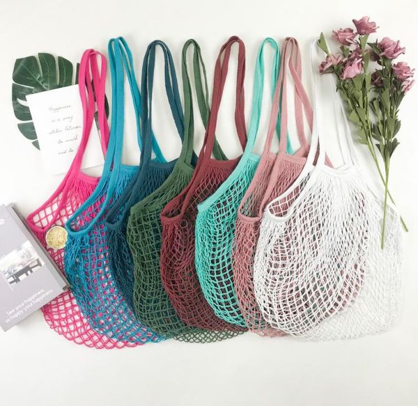 

storage bags shopping handbag shopper tote mesh net woven cotton pouch string reusable fruit bag home vegetables organizer w0273