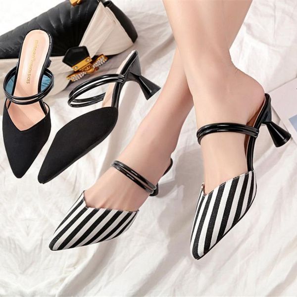 

dress shoes 2021 women's stripe two wear pointed sandals shallow mouth temperament high heeled slippers with thin heels, Black