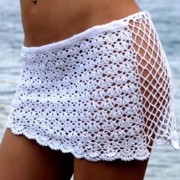 

summer crochet bikini bottom women hollow up floral white swimwear bathing suit high waist beach wrap skirt two-piece suits