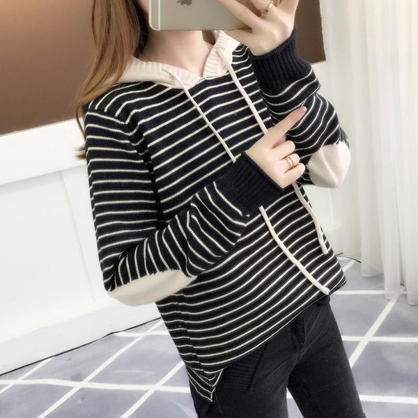 

women's sweaters pullover, black-and-white striped cap, bottom knitted sweater, patched korean version sweater for spring wear, 2021, White;black