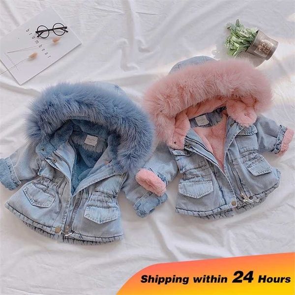 

winter baby girl warm thick denim jacket fur hooded toddler girl baby outerwear denim jacket cotton kids boys parkas children 220118, Blue;gray
