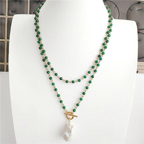 

pendant necklaces brand simple korean fashion accessories necklace green agate stone beads inlaid irregular pearl for lady wholesale, Silver