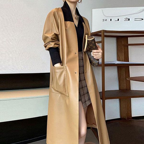 

women's trench coats spring autumn long leather jacket women sleeve single breasted faux coat solid color windbreaker 2021, Tan;black