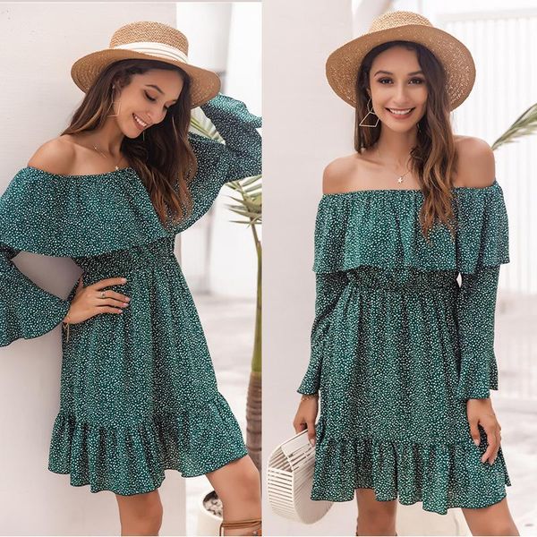 

casual dresses autumn vintage dot off shoulder dress women 2021 fashion ruffles slash neck long sleeve slim elegant party vestidos, Black;gray
