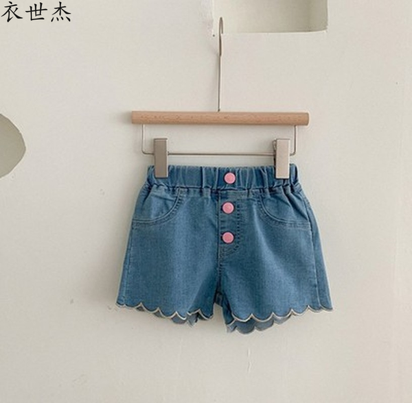 

childrens clothing 2022 new girls metal buckle casual middle and small childrens lace jeans, Blue