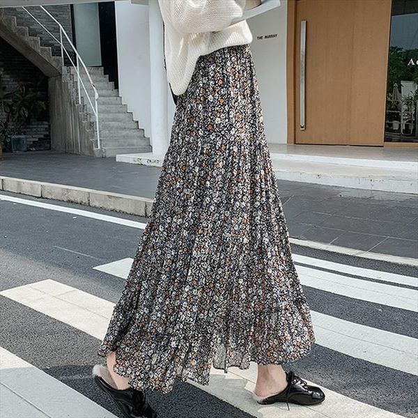 

spring floral patchwork women skirt a line maxi long boho chiffon elastic waist big flared crepe pleated ankle, Black