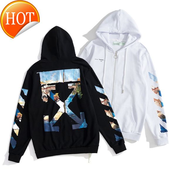 

new monet oil painting off terry zipper cardigan hooded sweater, Black