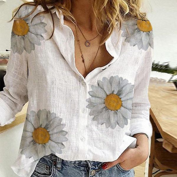 

women's blouses & shirts 2021 daisy print blouse women turn down collar long sleeve plus size clothes streetwear white
