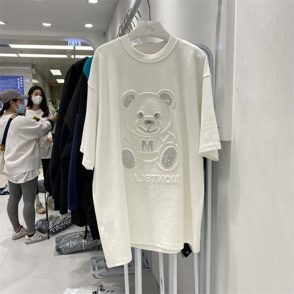 

t-shirt women's short sleeve plus size summer bear half loose mid-length tshirt diamonds graphic tee 210623, White