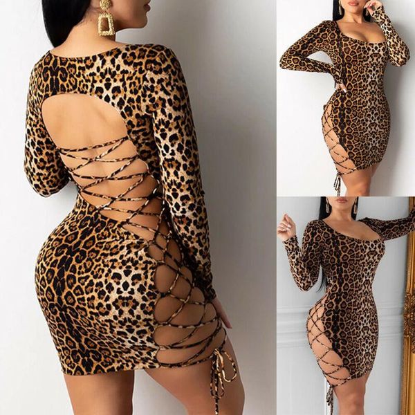 

women long sleeve leopard print low cut hollow out lace up bandage skinny backless bodycon evening party club mini dress casual dresses, Black;gray
