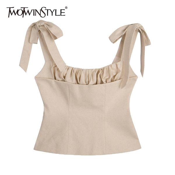 

women vest square collar sleeveless spaghetti strap lace up bow tunic short for female fashion clothes 210524, White