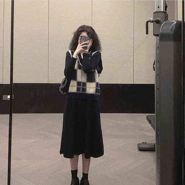 

casual dresses autumn cloth 2022 french sweater vt long sleeve black bottomed knitted dr's autumn and winter two piece set, Black;gray
