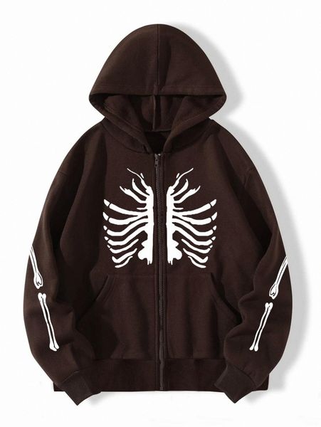 

skeleton print zip up thermal hoodie b33e#, White;black