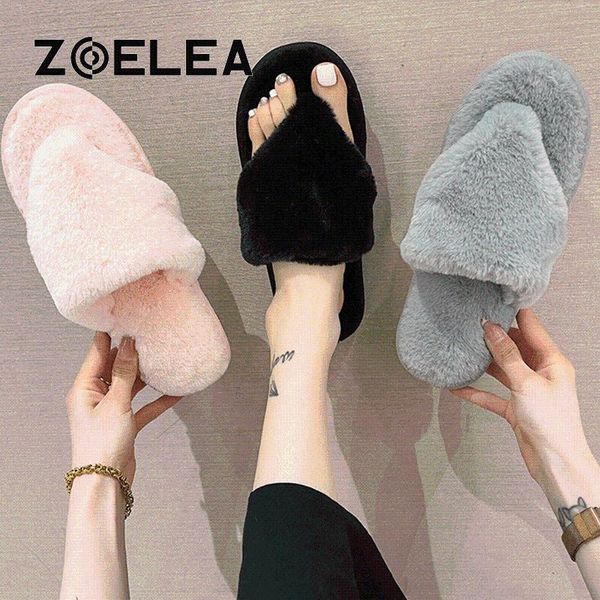 

slippers women fashion pink plush female wear-resistant flat shoes fur slides woman indoor furry home, Black