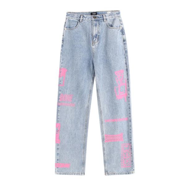 

women's jeans we11done pink graffiti trousers hip hop 2021 high waist 1:1 quality vintage wash do old straight-leg pants, Blue