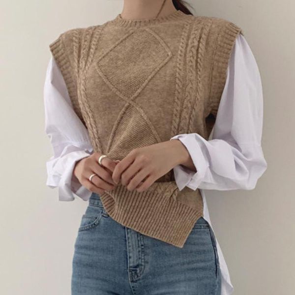 

nomikuma autumn knitted patchwork women blouse korean fake two pieces long sleeve shirts bandage slim waist blusas 6c715, White