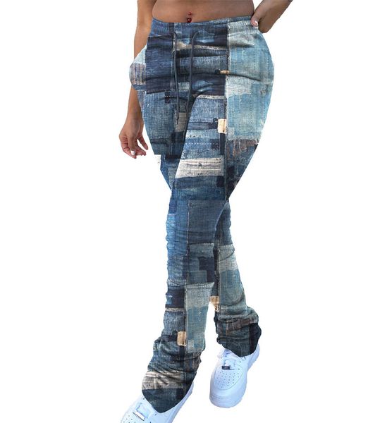 

women pants fake jeans print legging high waist flare bell bottom ruched stack trousers draped jogger sweatpants, Black;white