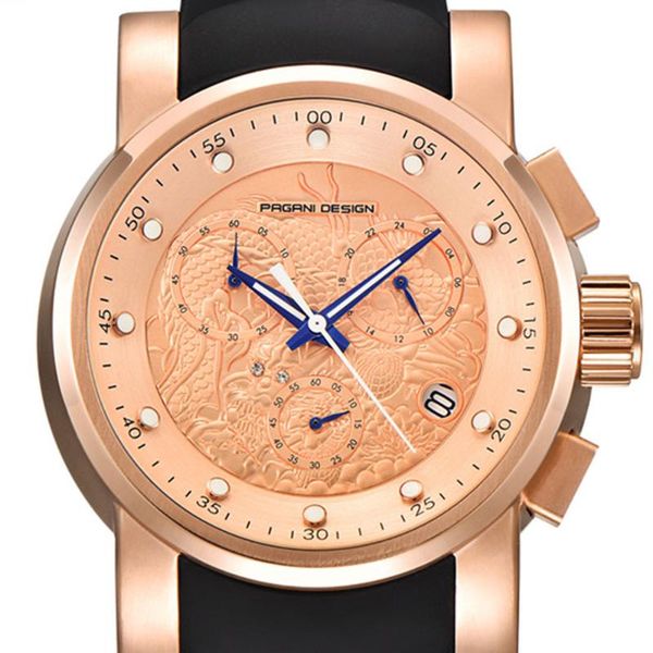 

wristwatches 55 mm pagani design rose gold dial chronograph quartz men watches embossed dragon luxury watch silicone fashion sport, Slivery;brown