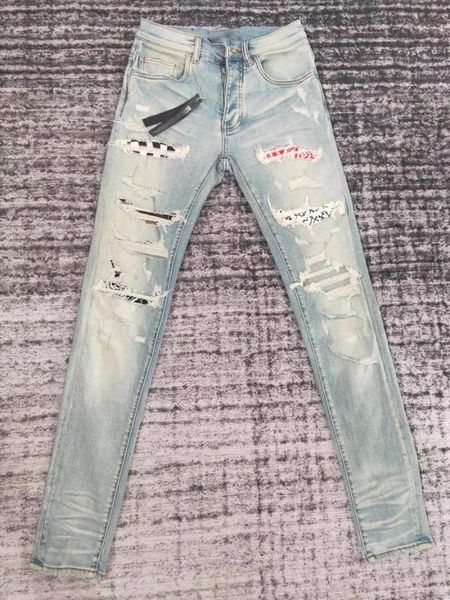 

men's jeans men art patches skinny distressed hm359, Blue