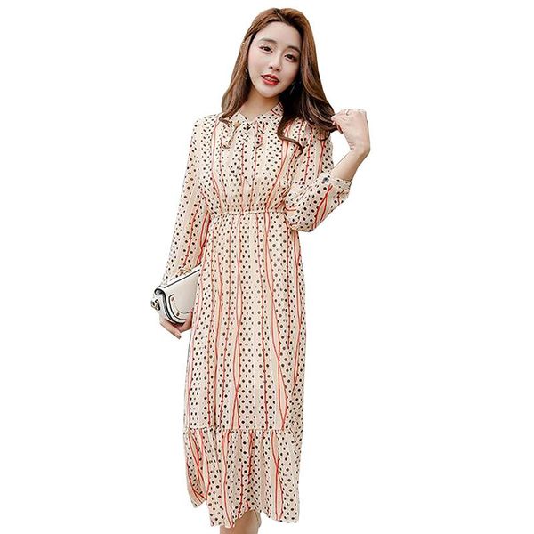 

casual dresses 2021 ruffles polka dot women chiffon dress summer full sleeve bow elastic waist female long vestidos vintage a-line, Black;gray