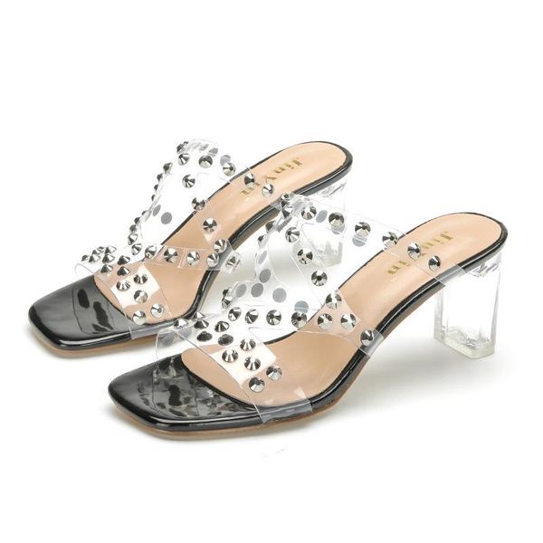 

women sandals pvc rivet slip on 8cm thick high heels square toe shallow shoes sandalias mujer 2021 size 35-42 black