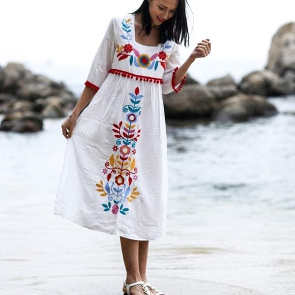 

vintage women bohemian holiday floral embroidery loose midi dress linen cotton short sleeve boho chic summer vestido 21189 casual dresses, Black;gray