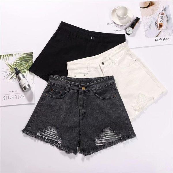 

summer high waist denim shorts woman wild slim tight tassels ripped fashion streetwear women's, White;black