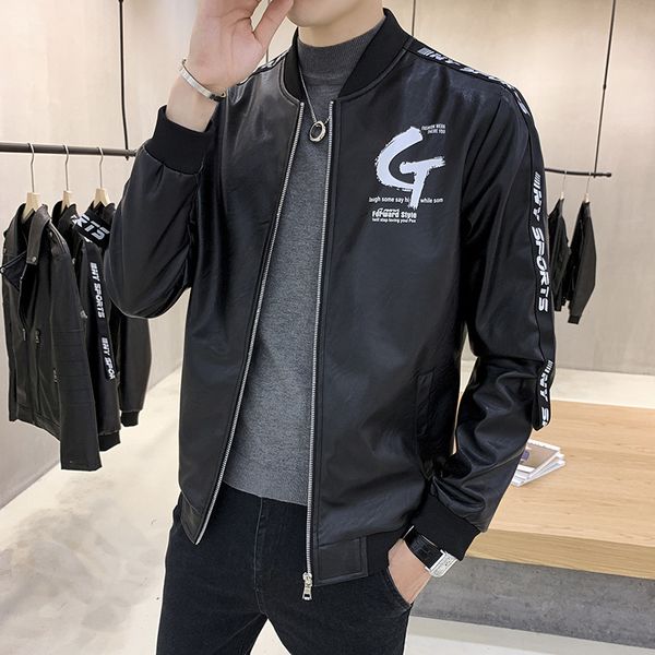 

Leather jacket men's 2021 trend handsome stand collar PU autumn fashion coat youth wear, Black;brown