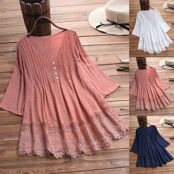 

2021 summer jacquard pleated lace hollow v-neck shirt, White