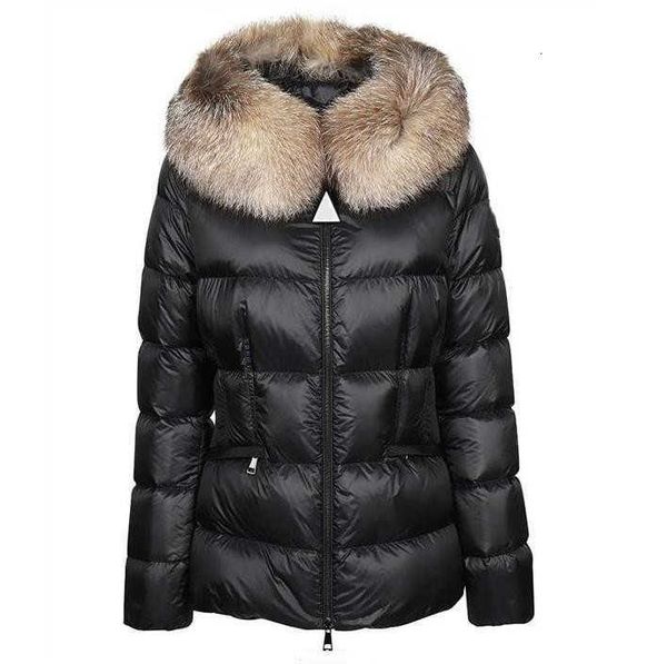 

women nylon short down et zipper closure belt pockets thick warm coat italy digner woman fur hood winter outwear, Black