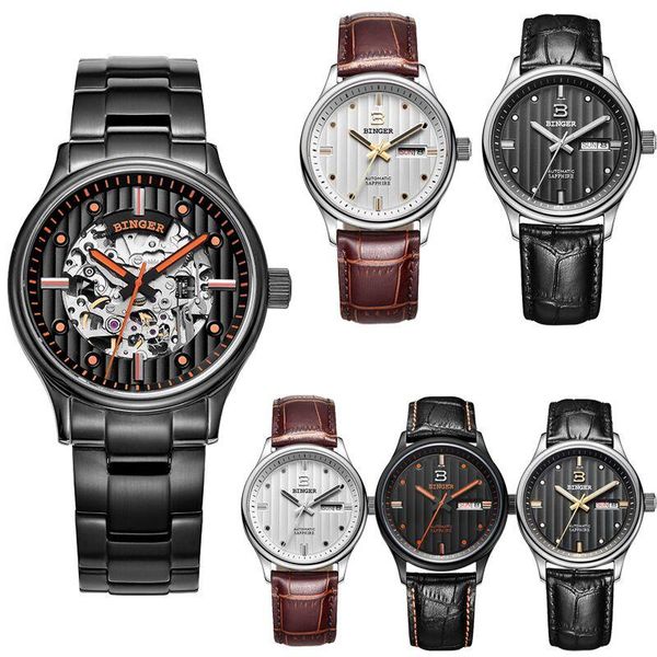 

wristwatches genuine binger5006 confucianism series mechanical business elite gentleman style simple and generous delicate sapphire crystal, Slivery;brown