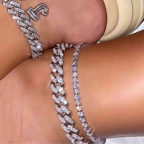 

hiphop crystal rhinestones chunky metal anklets for women geometric cuban link ankle chain tennis anklet bracelet party jewelry, Red;blue