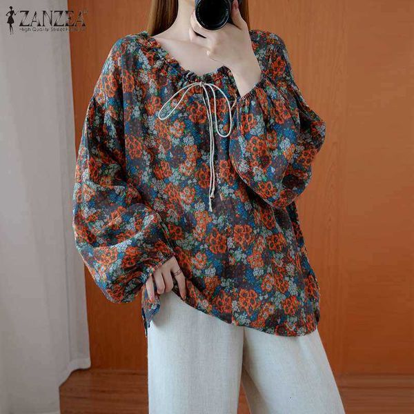 

women's blouses & shirts blouses fahsion floral print blouse women ol spring puff sleeve shirt casual drawstring o-neck loose blusa plu, White