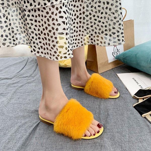 

slippers classics fashion solid winter women fur open toe outside shallow shoes flat with casual slides, Black