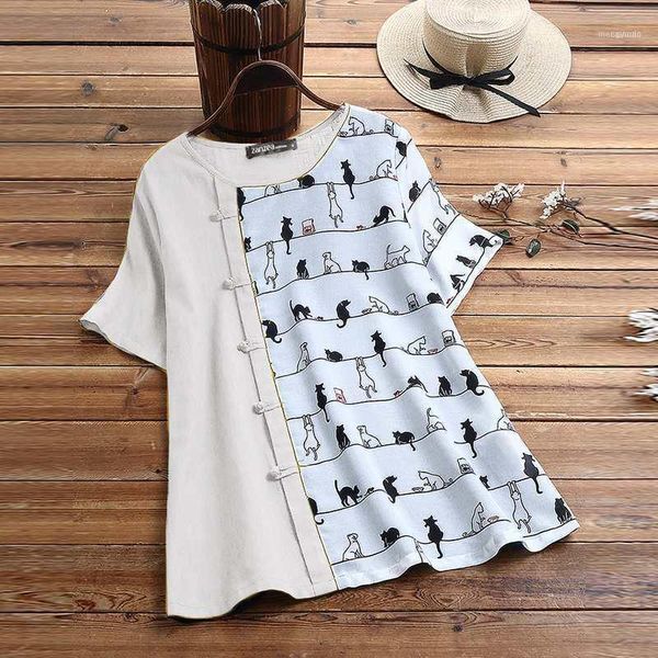 

women's blouses & shirts cartoon cat short sleeve zanzea printed blouse fashion summer tee female casual blusas tunic 5xl plus, White