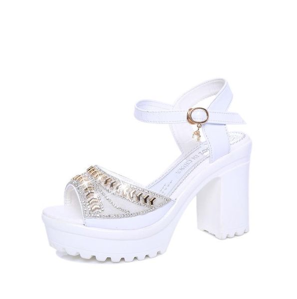 

rhinestone fish mouth thick bottom water platform with a word buckle belt women's sandals, Black