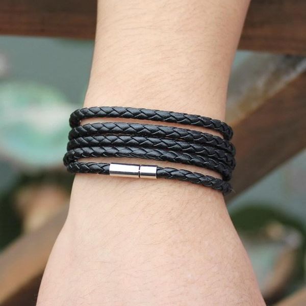 

link, chain black retro wrap long leather bracelet men bangles fashion sproty link male charm with 5 laps