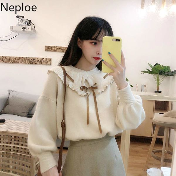 

neploe sweaters for women lace up peter pan collar knitted pullovers loose lantern sleeve sueter mujer sweet jumer coat 4g920 210422, White;black