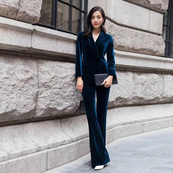 

women's two piece pants velvet suits office ladies suit spring autumn slim women pant jacket & flared casual female 2 pieces set, White