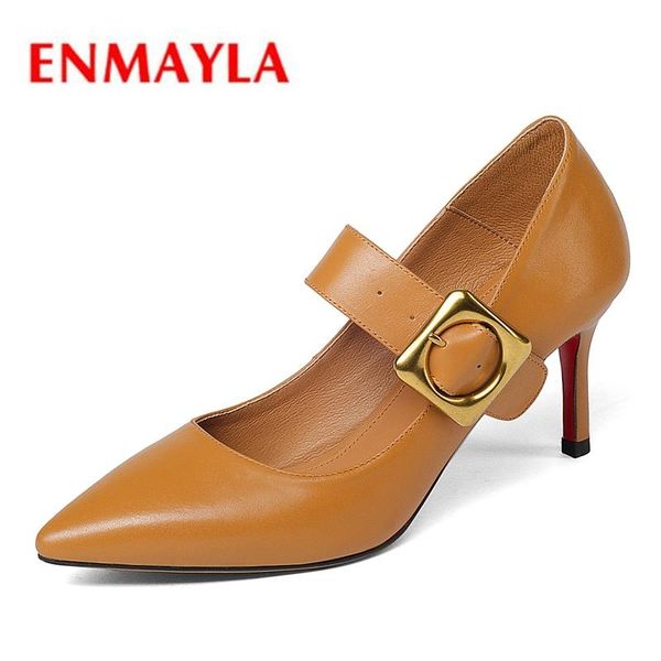 

dress shoes enmayla pointed toe genuine leather buckle strap high heels women tacones mujer woman heel size 34-39 zyl2021, Black