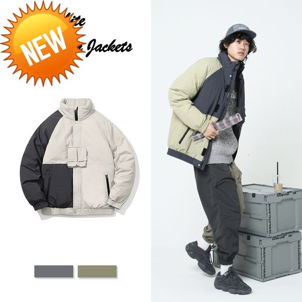 

winter men's front procket cargo puff jackets loose stand collar military style white duck down coats men thick outerwear jk-906, Black