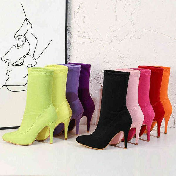 Bota nova feminina estiramento rebanho tornozelo botas casuais sapatos de salto alto moda apontou toe roxo verde amarelo rosa vermelho laranja 1211