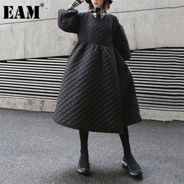 

[eam] bandage warm irregular cotton-padded coat long sleeve loose fit women parkas fashion autumn winter 1dd0731 211011, Black