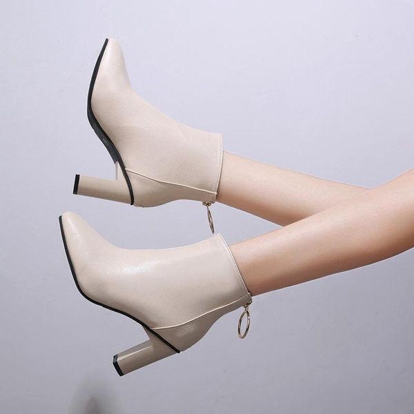 

boots beige black women comfy square high heel ankle fashion pointed toe zipper autumn winter ladies shoes