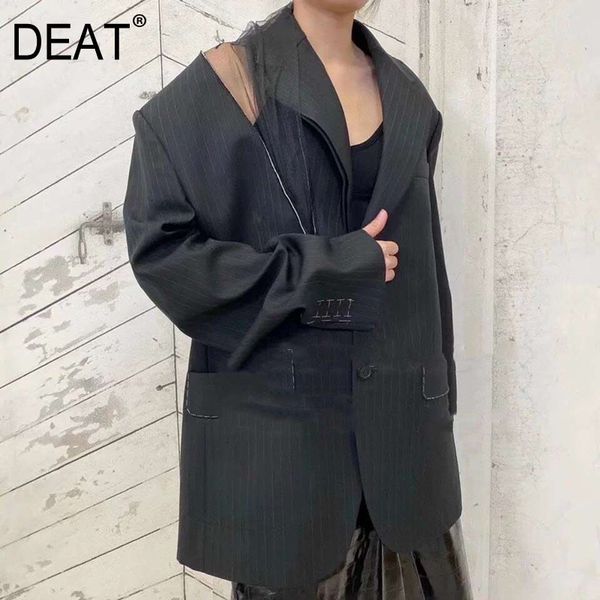 

[deat] v-neck collar black suit mesh patchwork stripe jacket asymmetric double pockets coat women mall goth spring gx746 210428, White;black