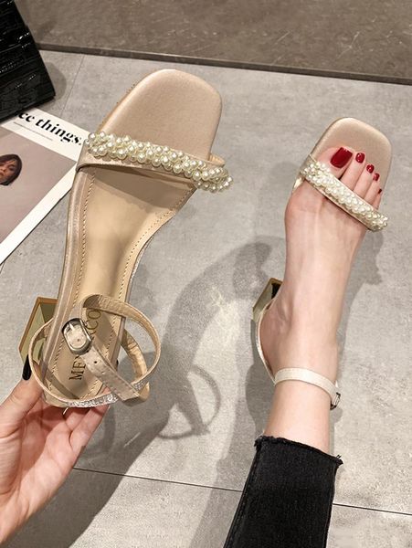

pearl sandals high heels 2021 women's buckle female shoe all-match square toe high-heeled fashion comfort girls block beige dress shoes, Black