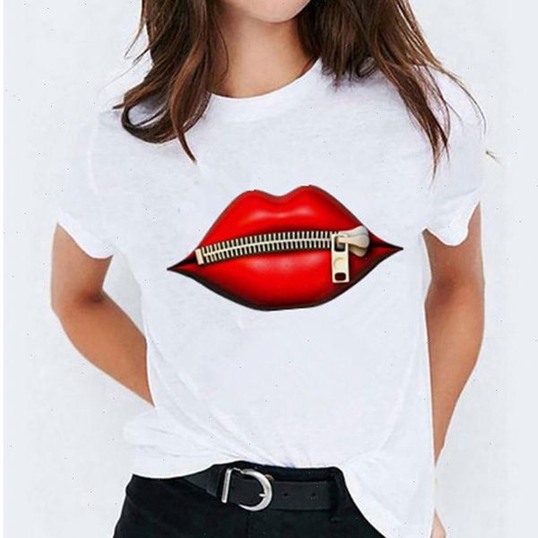 

zipper red lip t shirts t-shirt women casual short sleeve tshirts vintage creativity harajuku womens tee funy female, White