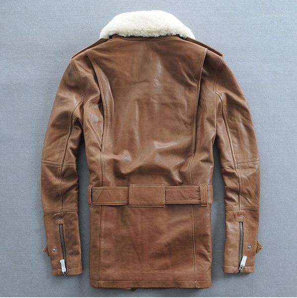 

lambswool fashion multi-pocket turn-down collar sheep skin genuine leather jacket in the long section mans clothing slim fit men's & fa, Black